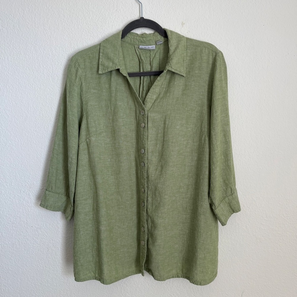 Joan Rivers Green Linen Blend Button Front Tunic Shirt Minimalist Size S